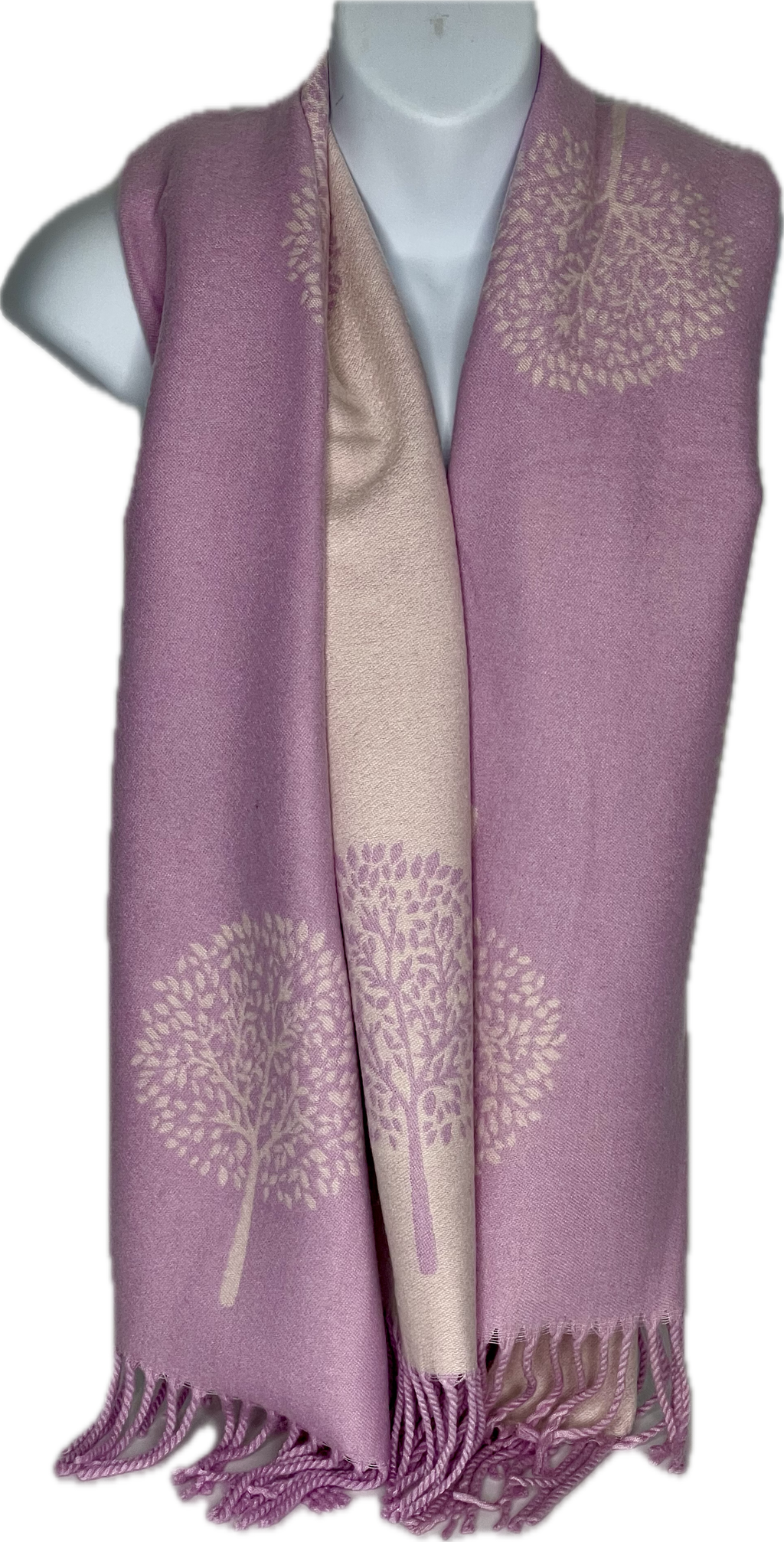 Super soft, cashmere blend, reversible tree of life print scarf in pink and cream