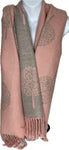 Super soft, cashmere blend, reversible tree of life print scarf in baby pink and grey