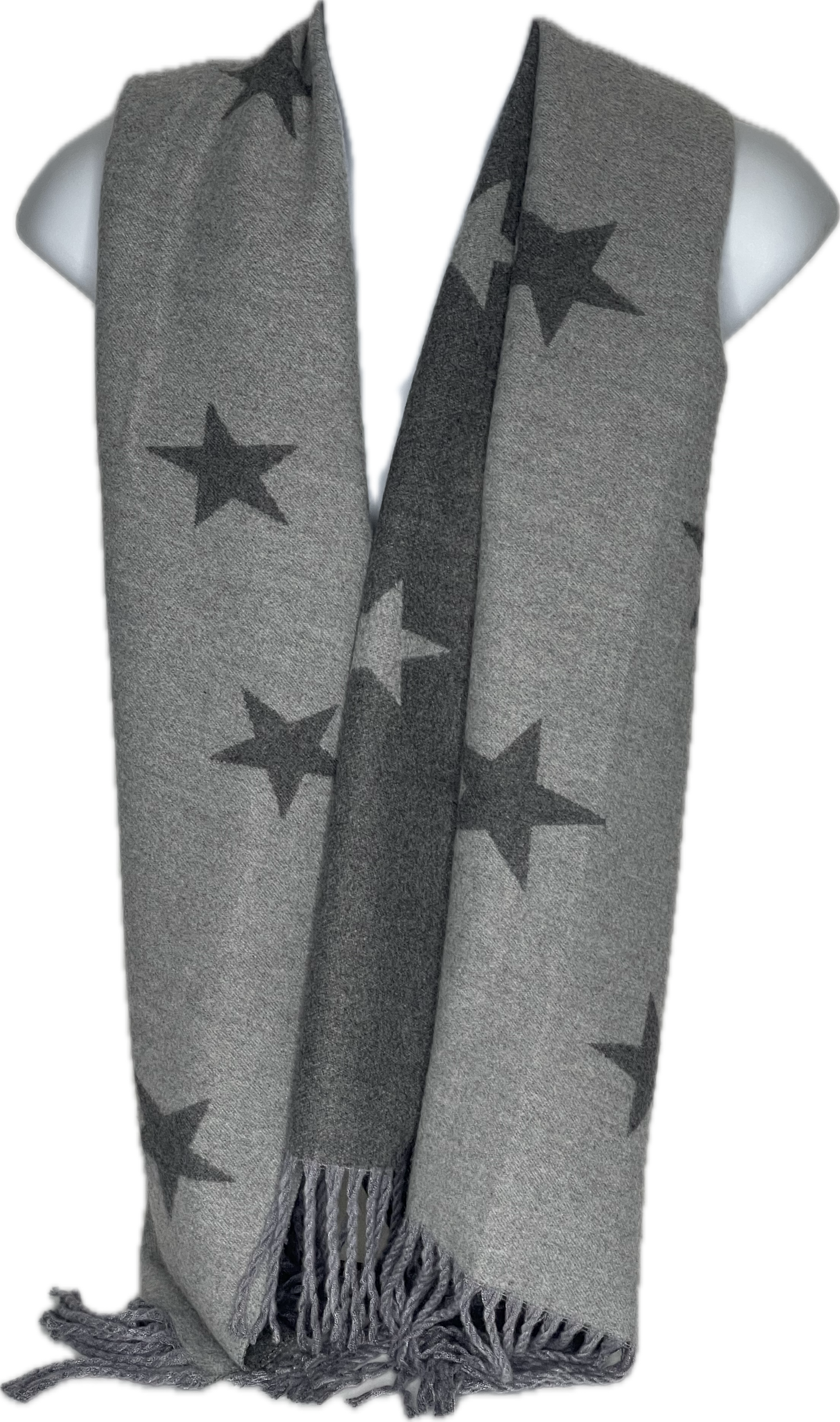 Super soft, cashmere blend, reversible light grey and dark grey star printed scarf