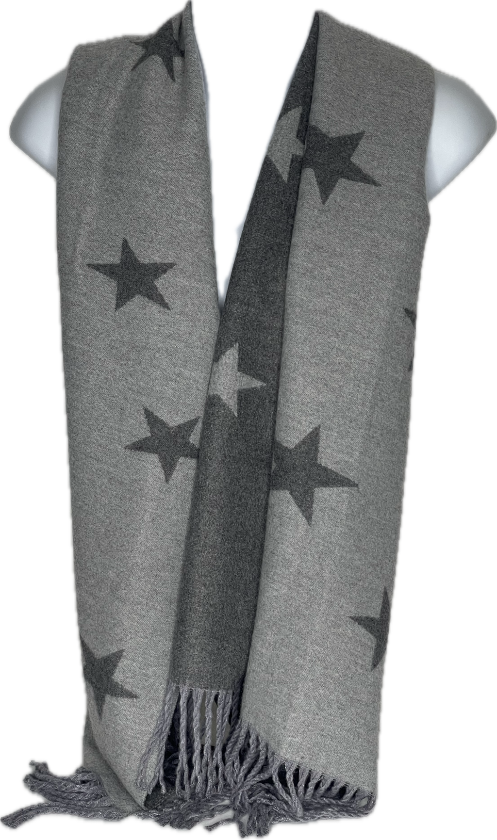 Super soft, cashmere blend, reversible light grey and dark grey star printed scarf