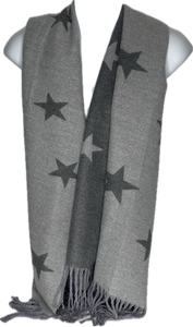 Super soft, cashmere blend, reversible light grey and dark grey star printed scarf