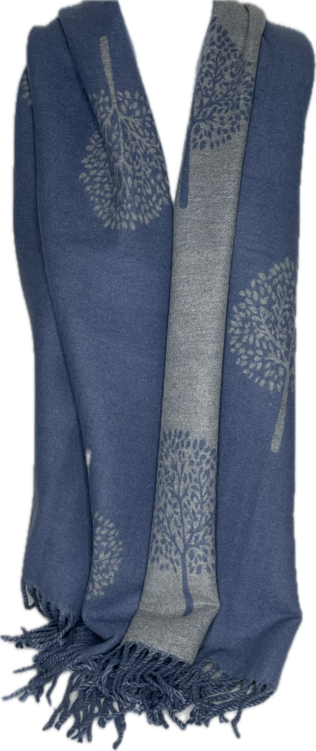 Super soft, cashmere blend, reversible tree of life print scarf in cobalt blue and grey