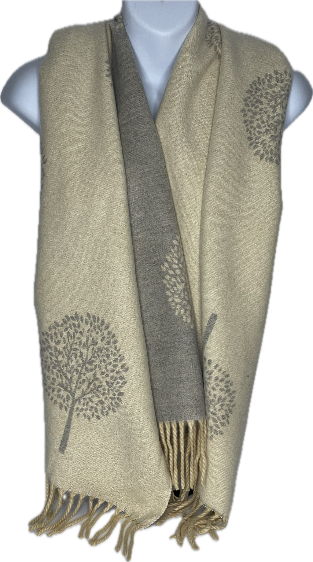 Super soft, cashmere blend, reversible tree of life print scarf in grey and cream