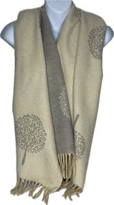 Super soft, cashmere blend, reversible tree of life print scarf in grey and cream