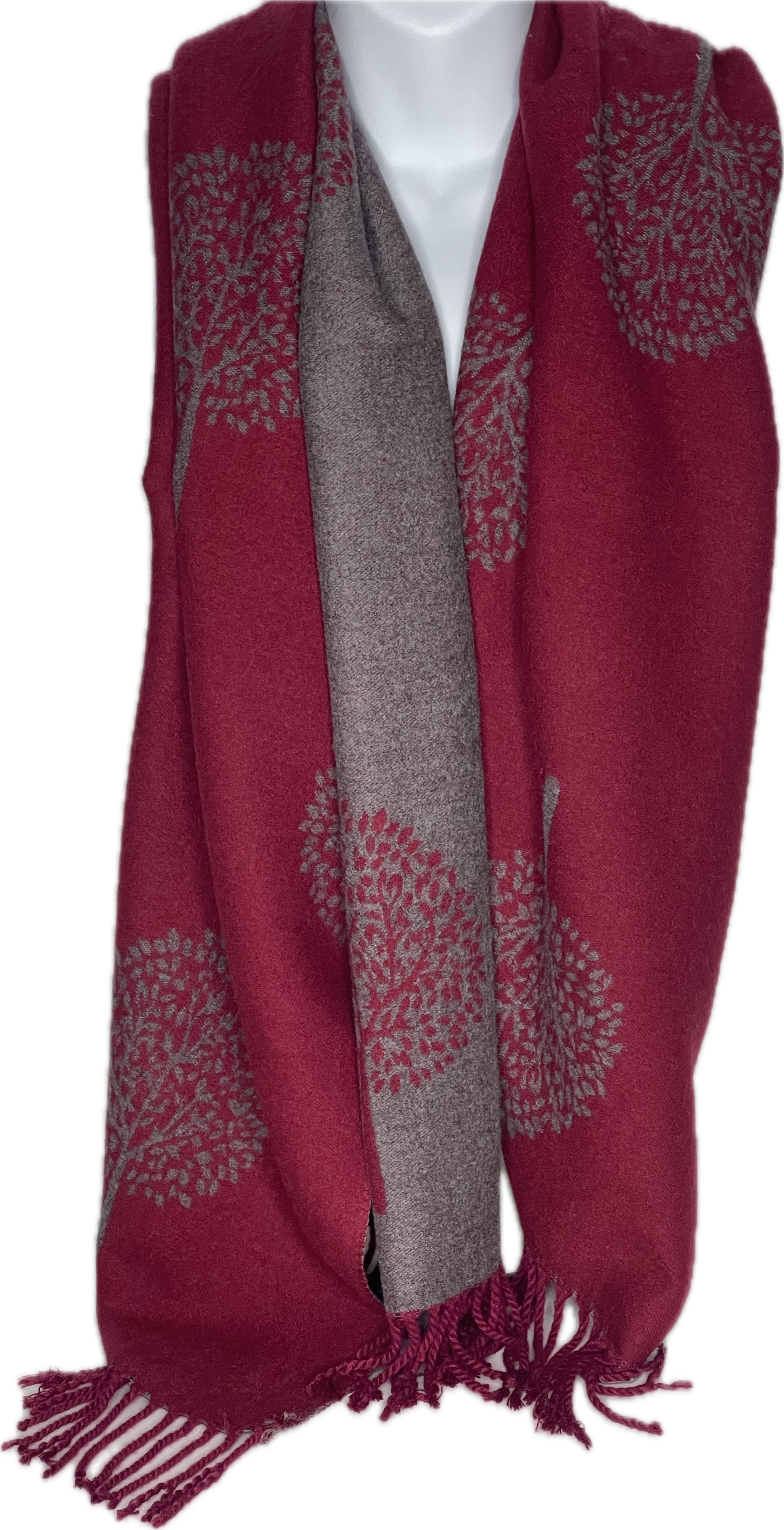 Super soft, cashmere blend, reversible tree of life print scarf in red wine and grey