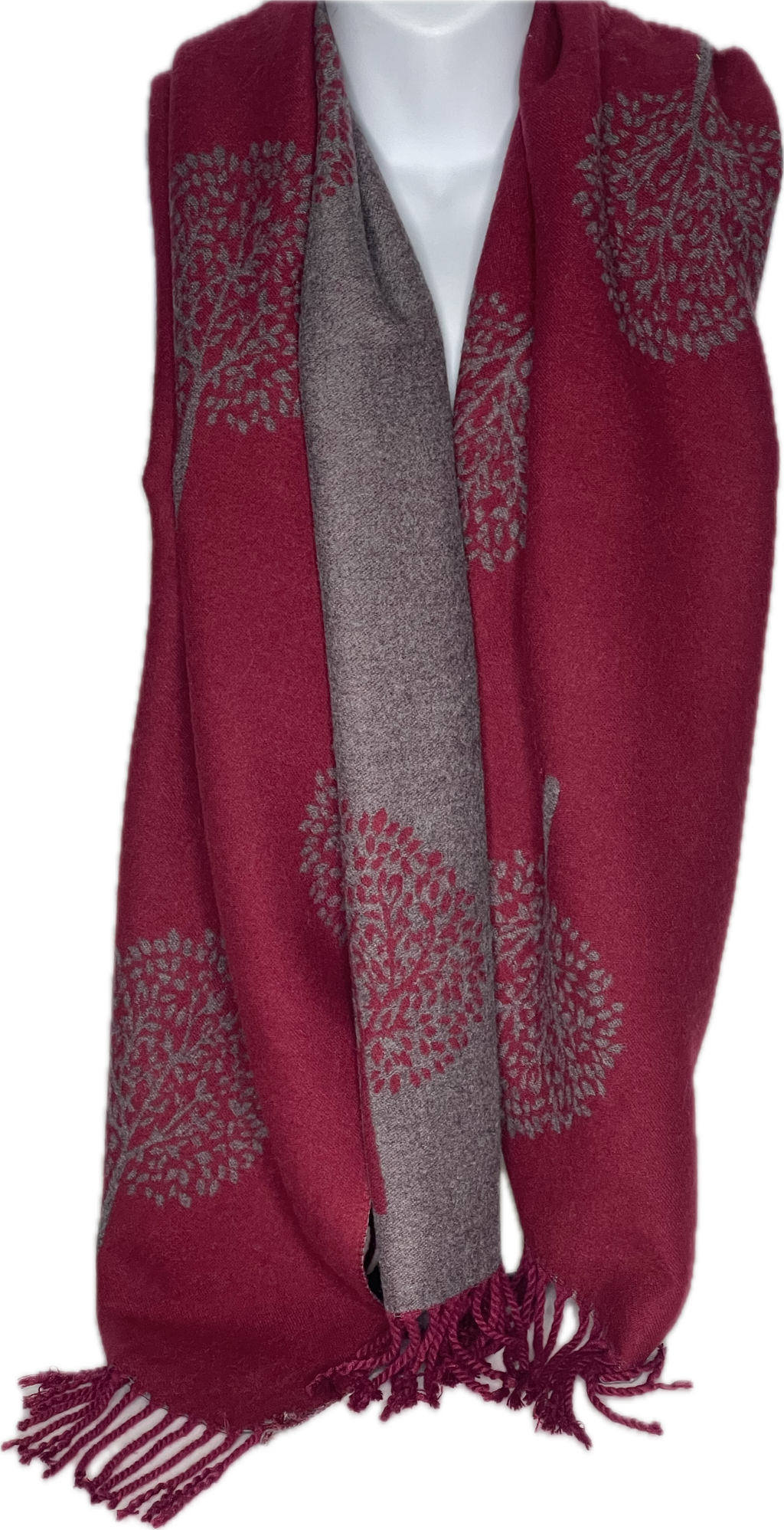 Super soft, cashmere blend, reversible tree of life print scarf in red wine and grey