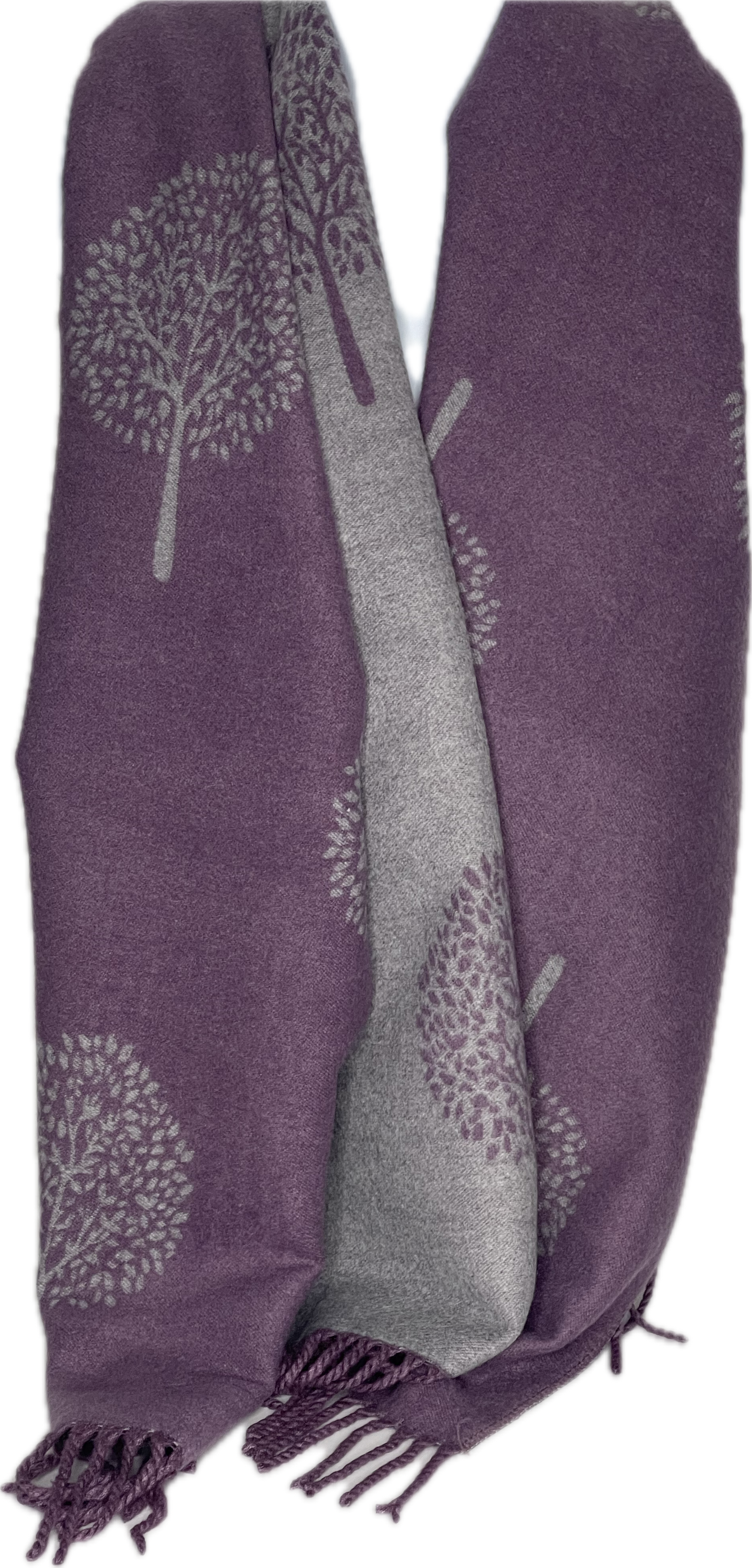 Super soft, cashmere blend, reversible tree of life print scarf in purple and grey