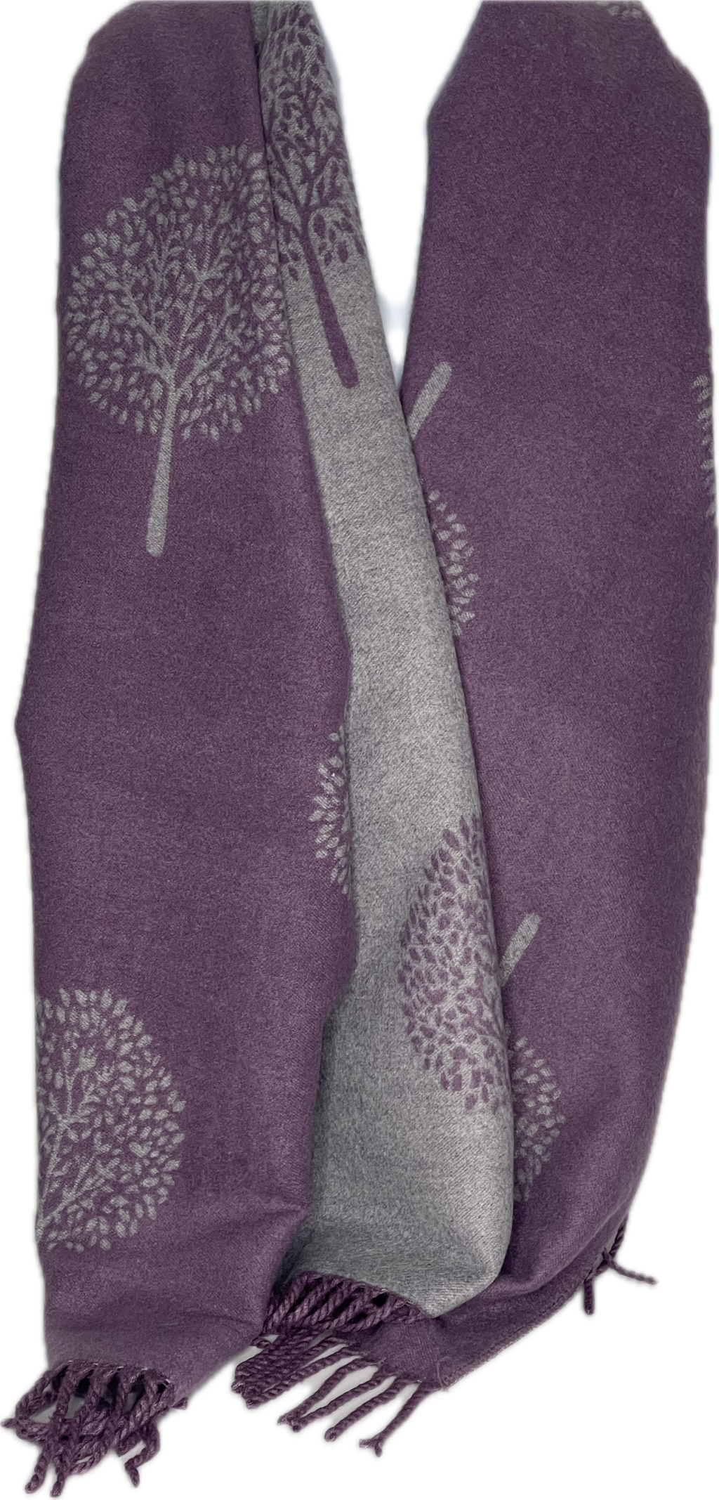Super soft, cashmere blend, reversible tree of life print scarf in purple and grey