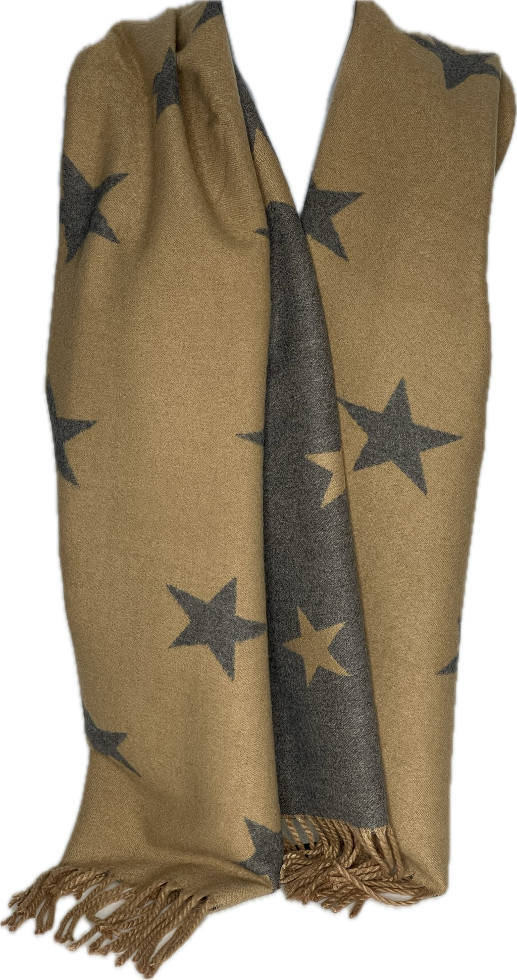 Super soft, cashmere blend, reversible grey and camel star printed scarf