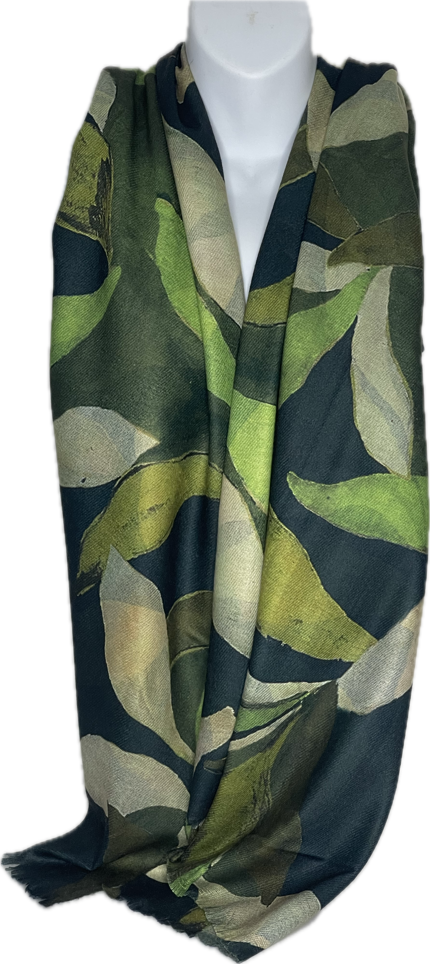 Super soft, navy, green and sage leaf print scarf
