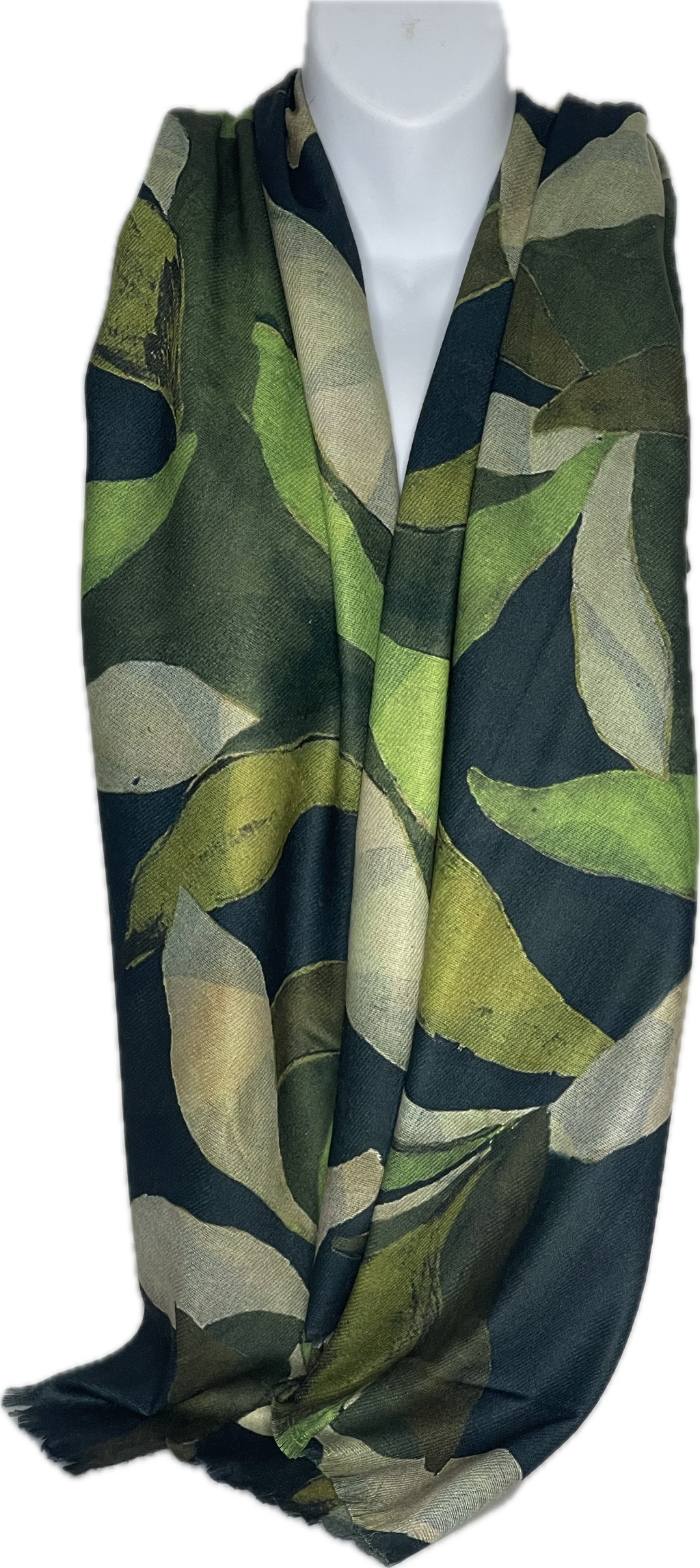 Super soft, navy, green and sage leaf print scarf