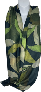 Super soft, navy, green and sage leaf print scarf