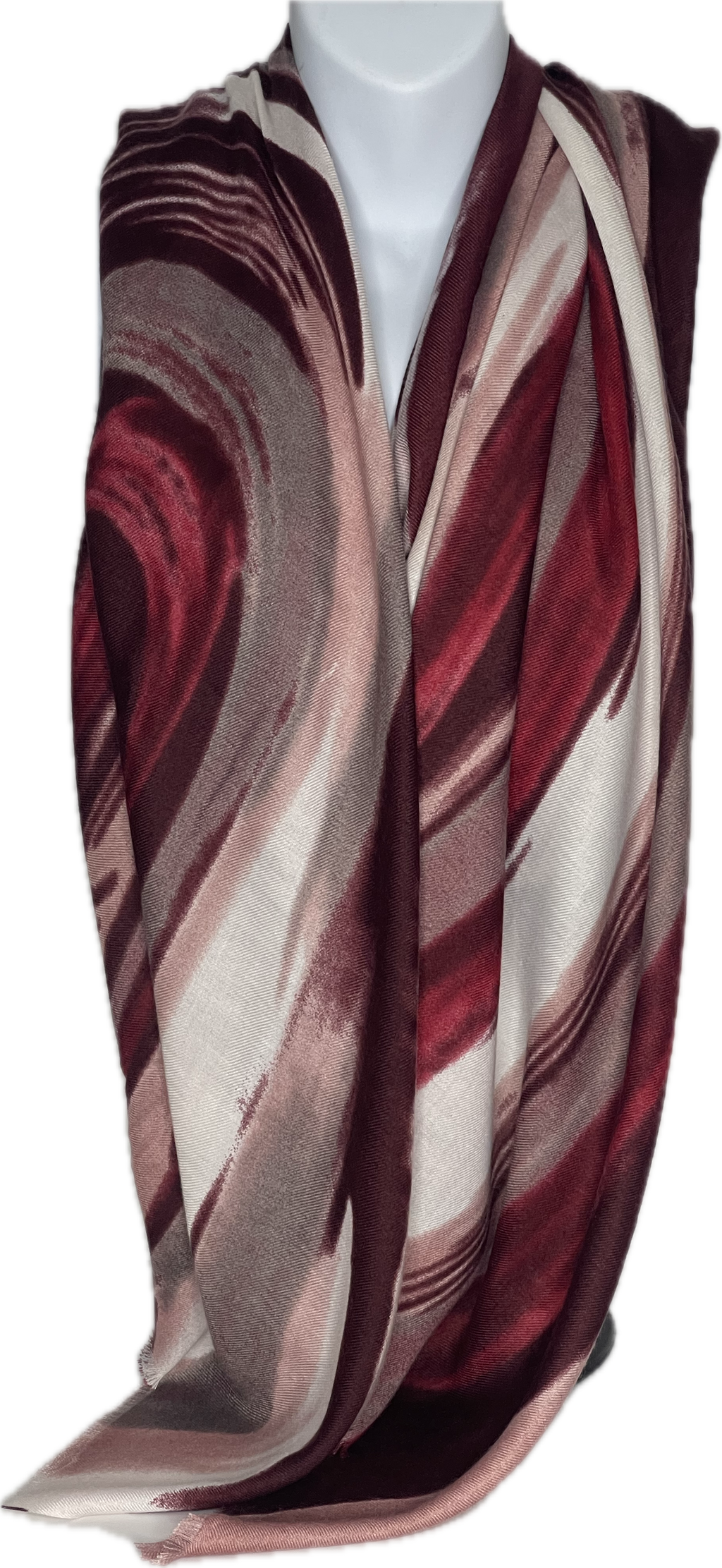 Super soft, wool-mix, red, grey, pink and winter white swirl print scarf