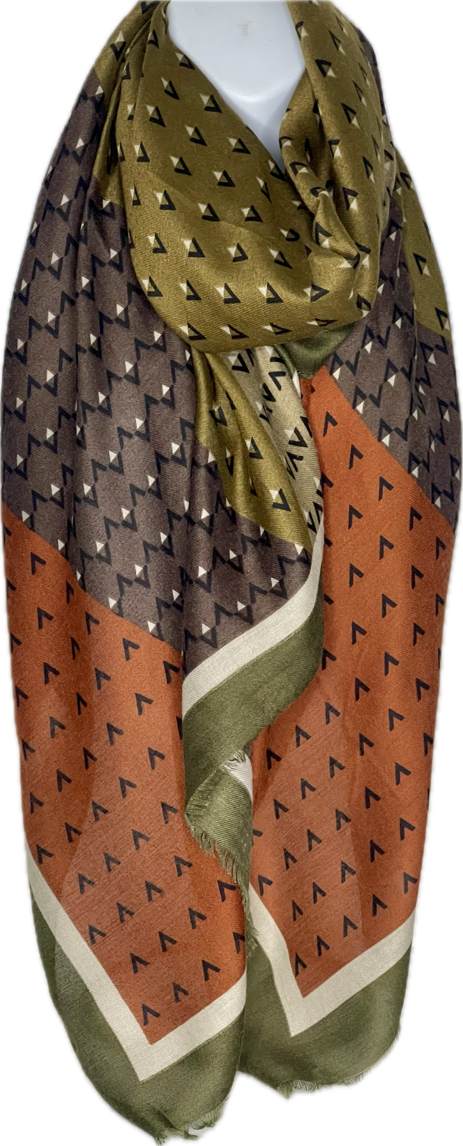 Olive, sage and tan chevron print scarf