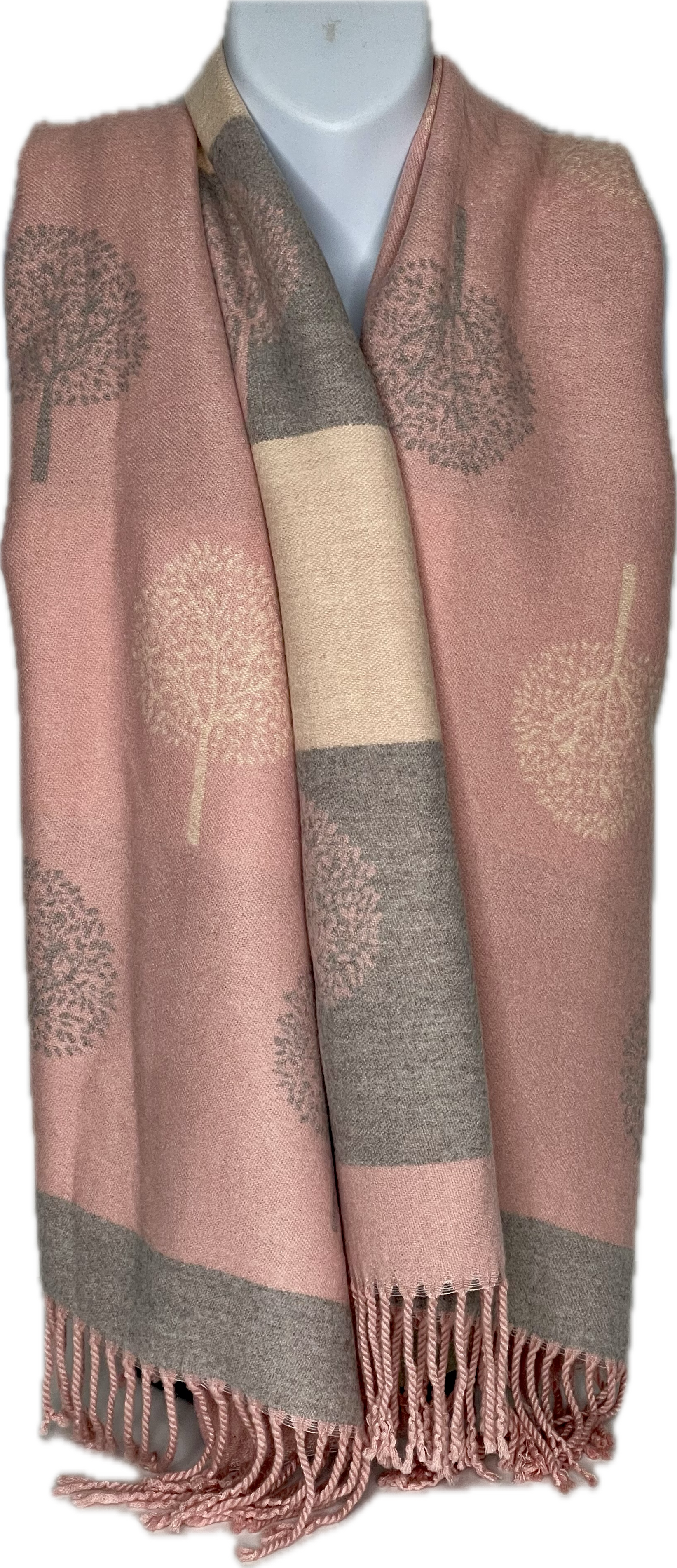 Super soft, cashmere blend, striped reversible tree of life print scarf in pink, cream and grey