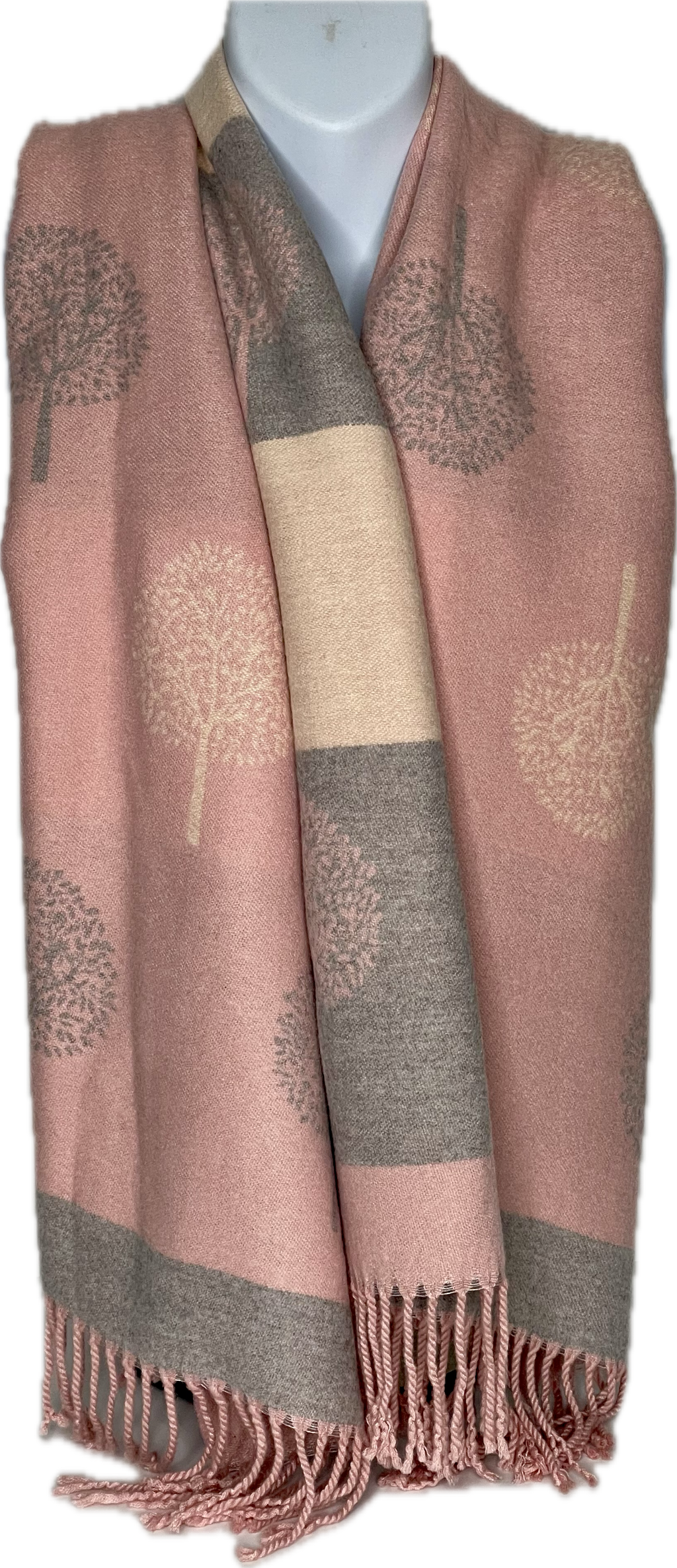 Super soft, cashmere blend, striped reversible tree of life print scarf in pink, cream and grey