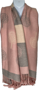 Super soft, cashmere blend, striped reversible tree of life print scarf in pink, cream and grey