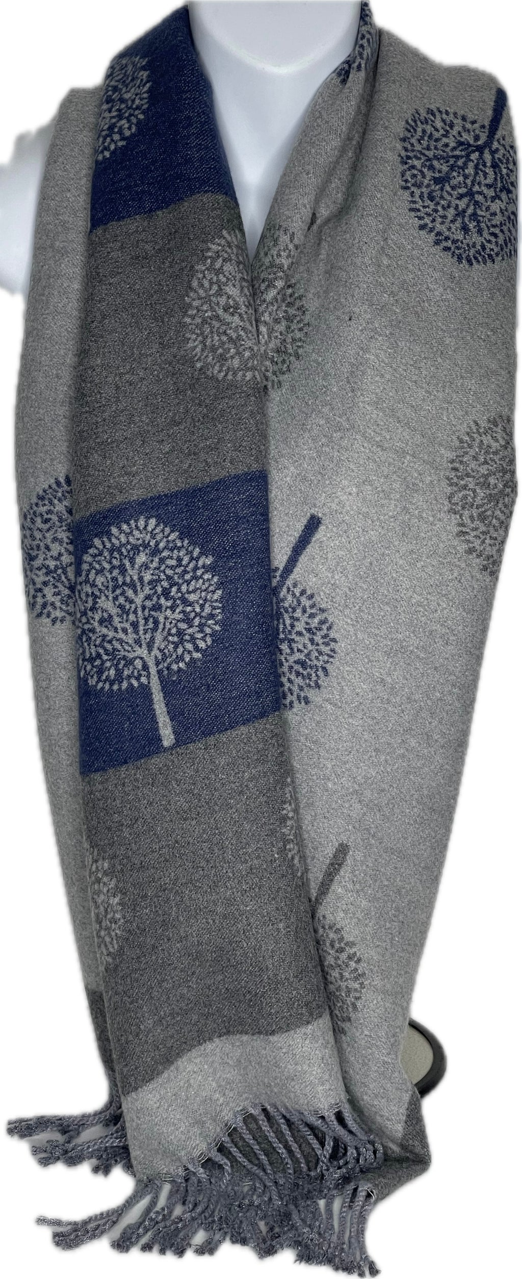 Super soft, cashmere blend, striped reversible tree of life print scarf in navy and grey