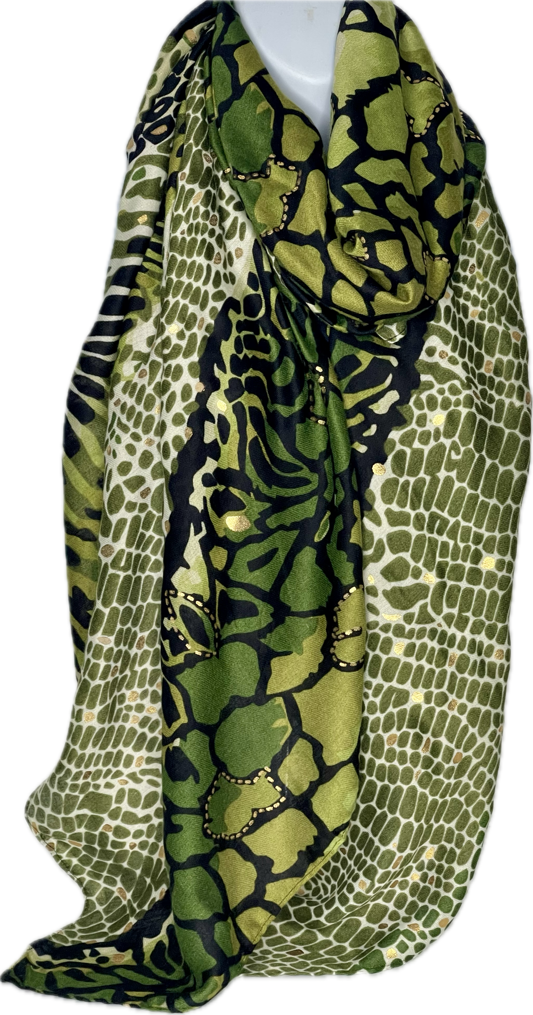 Shades of green, gold foil giraffe printed scarf