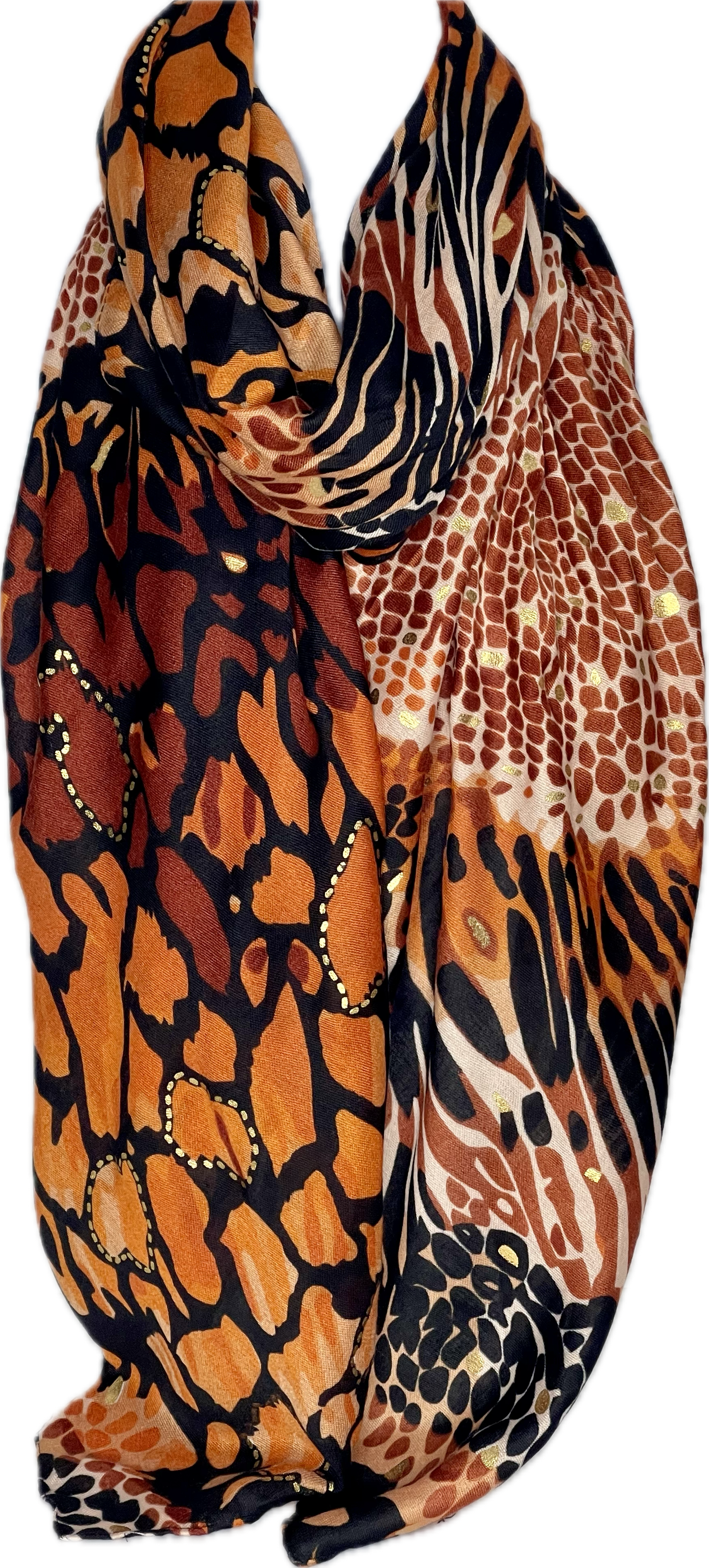 Shades of tan, gold foil giraffe printed scarf