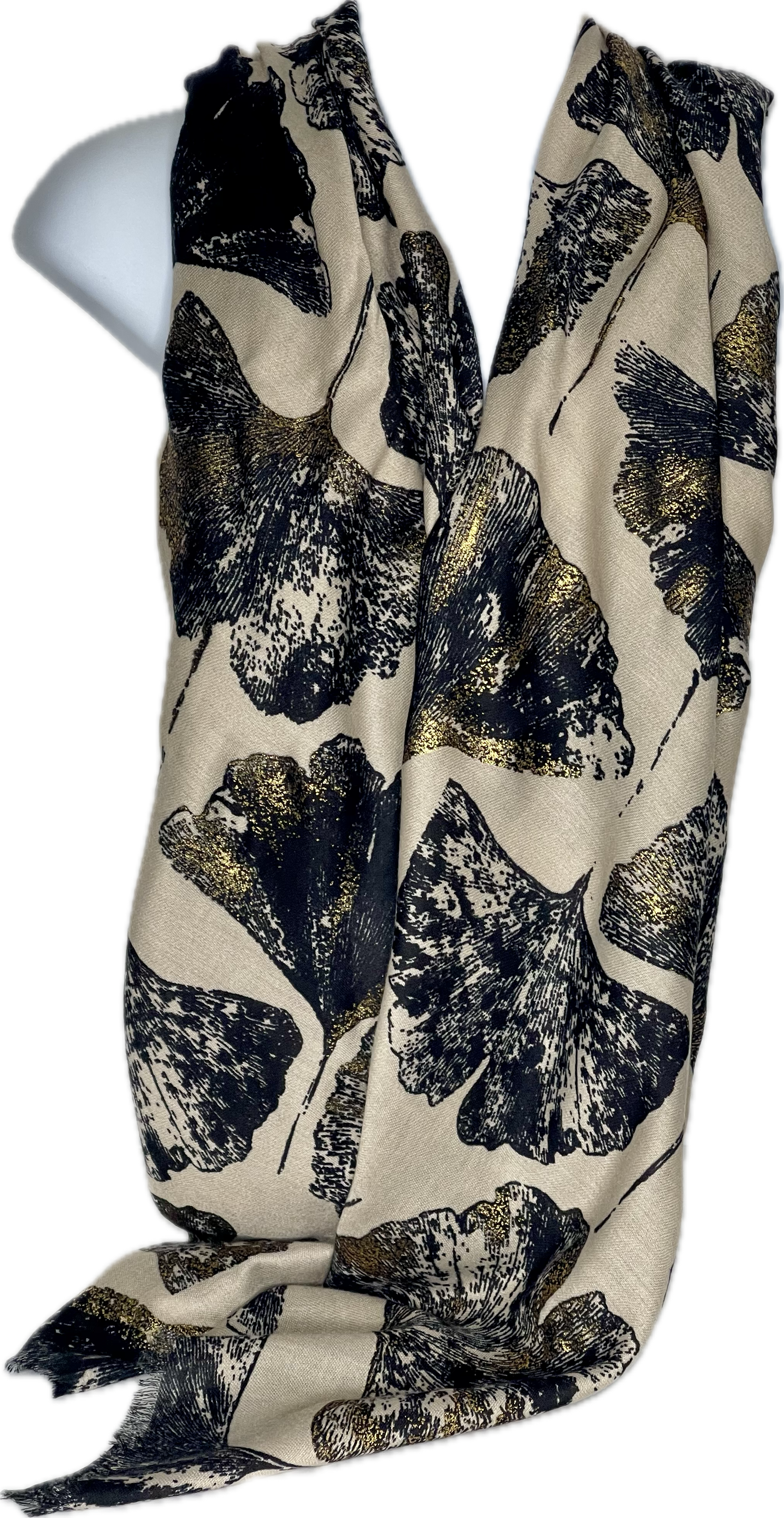 Cream and black gold shimmer ginko leaf print scarf
