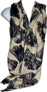 Cream and black gold shimmer ginko leaf print scarf