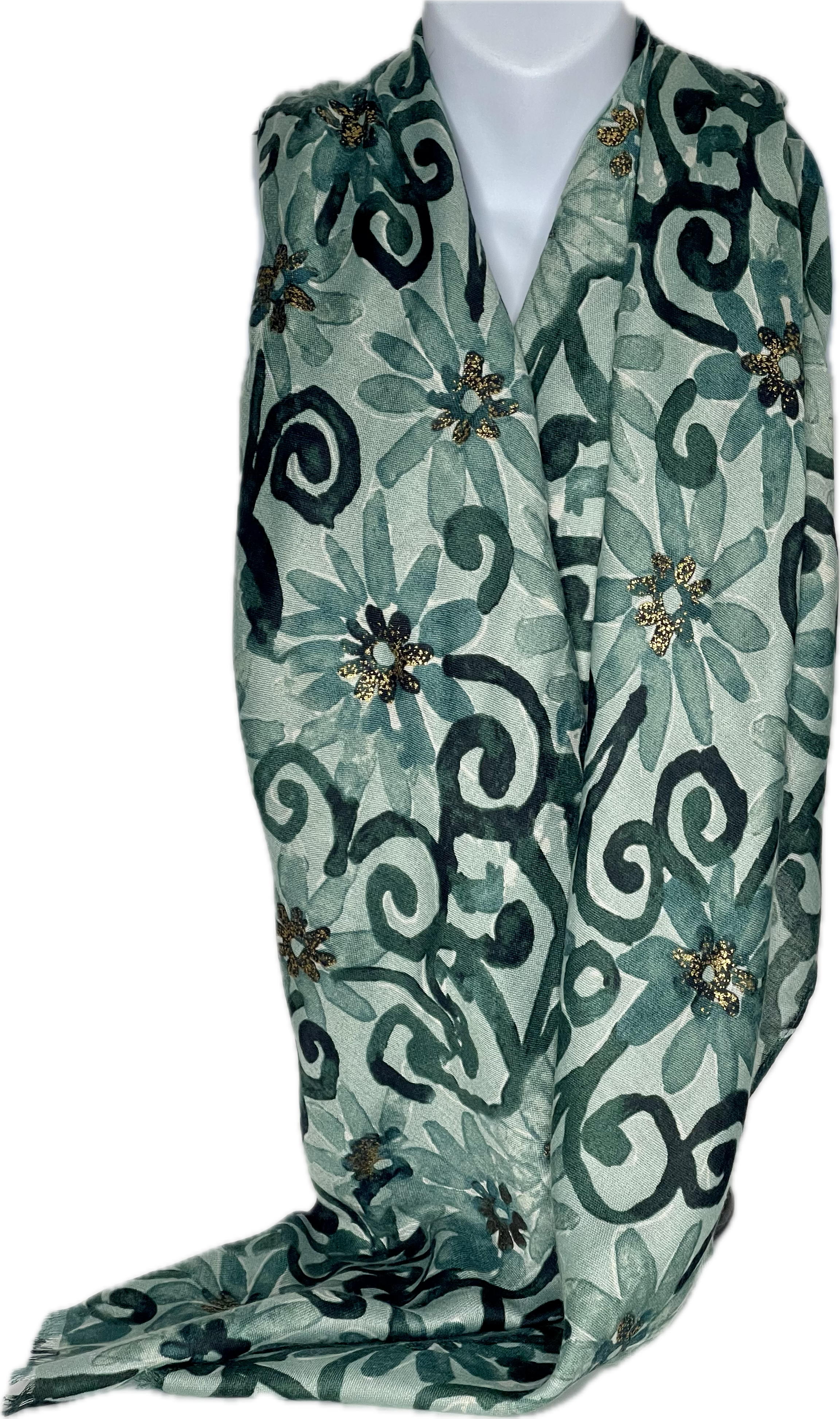 Shades of green, gold foil floral printed scarf