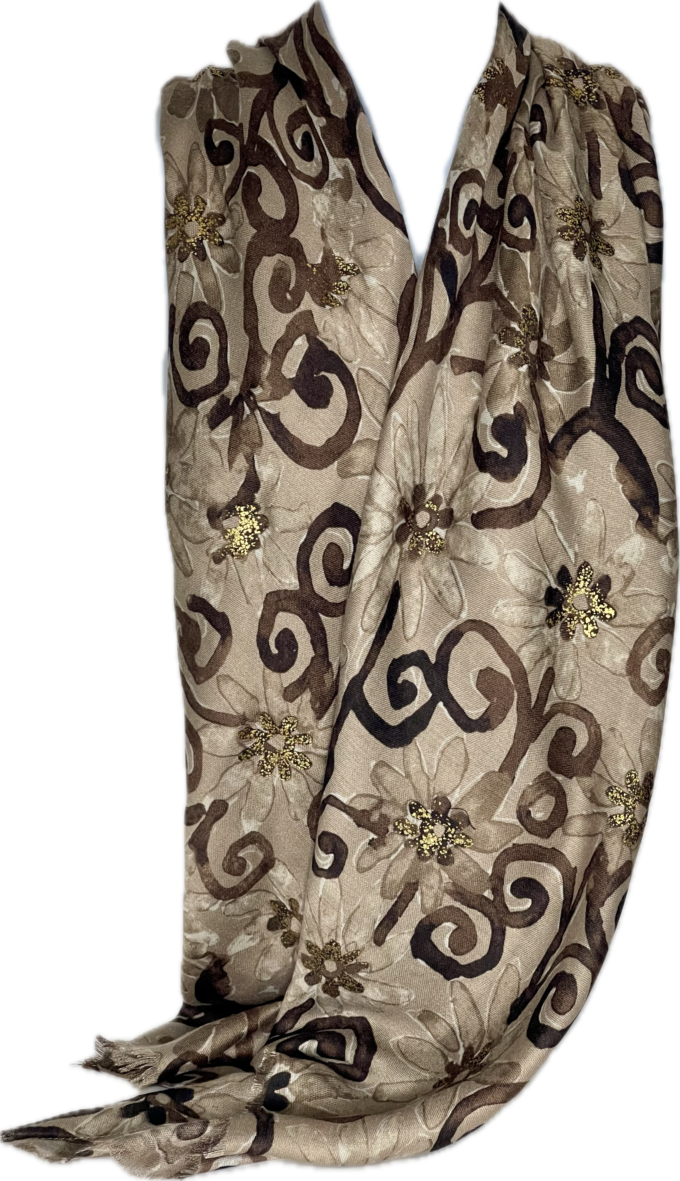 Shades of taupe, gold foil floral printed scarf