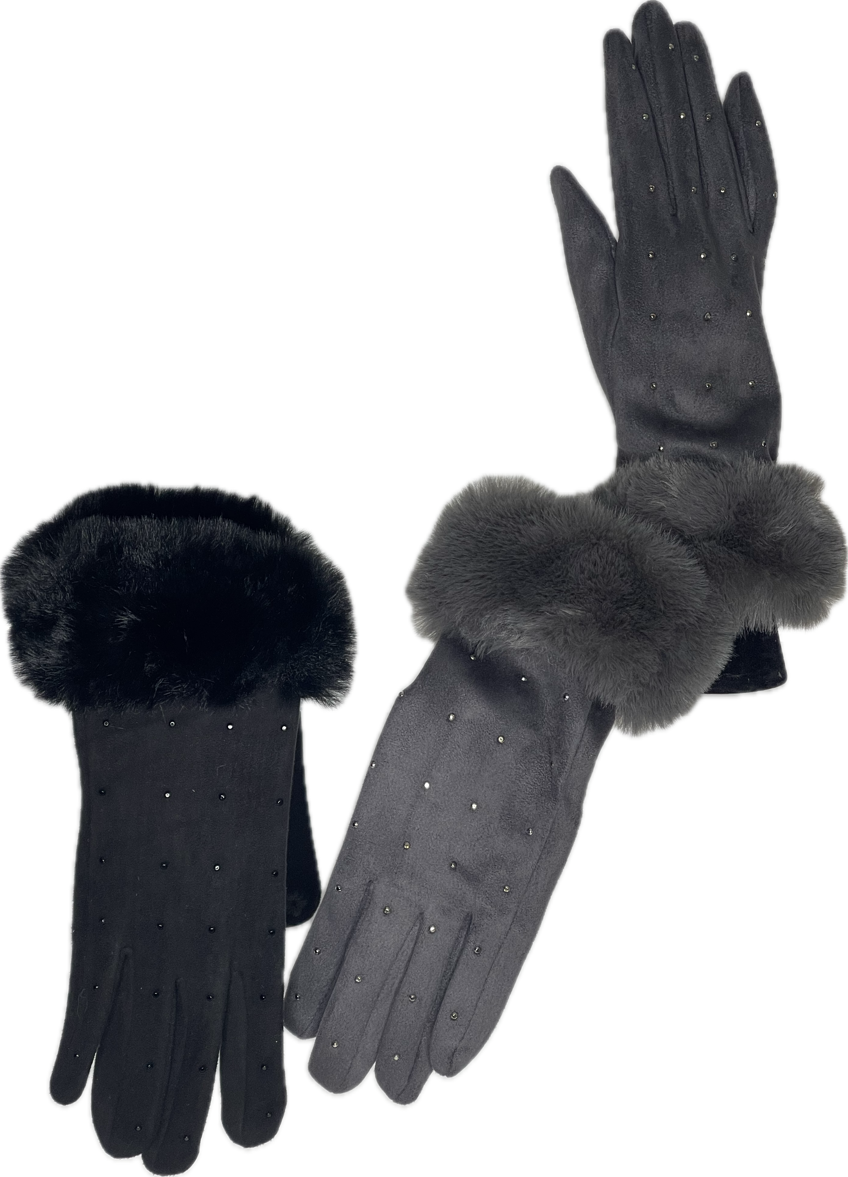Fur cuff gloves with diamanté studs