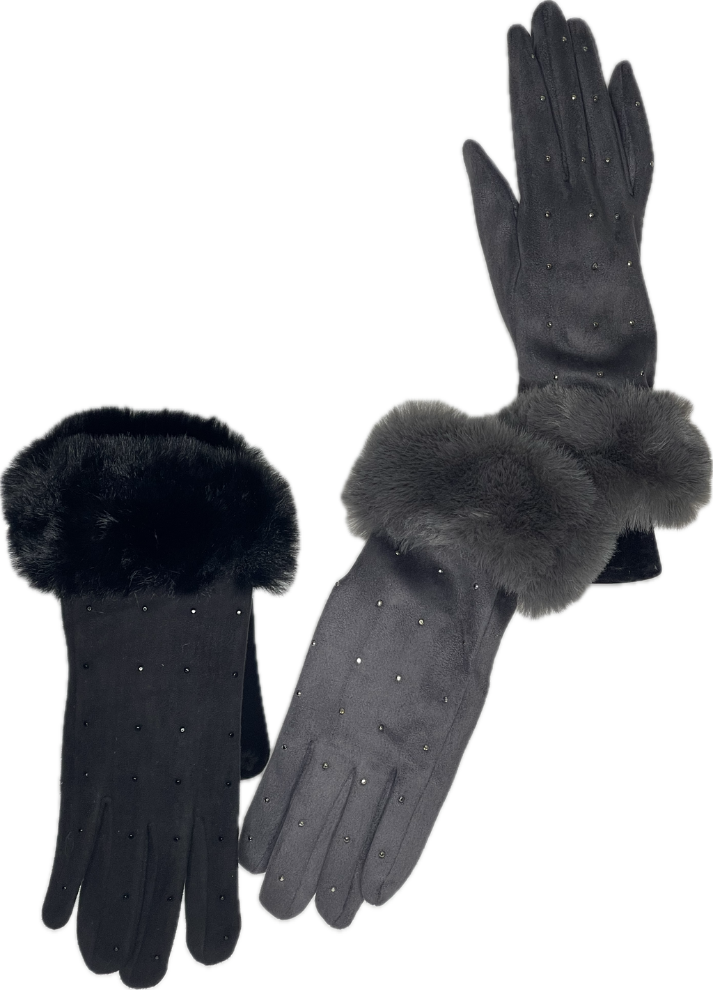 Fur cuff gloves with diamanté studs