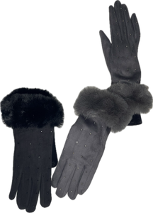 Fur cuff gloves with diamanté studs