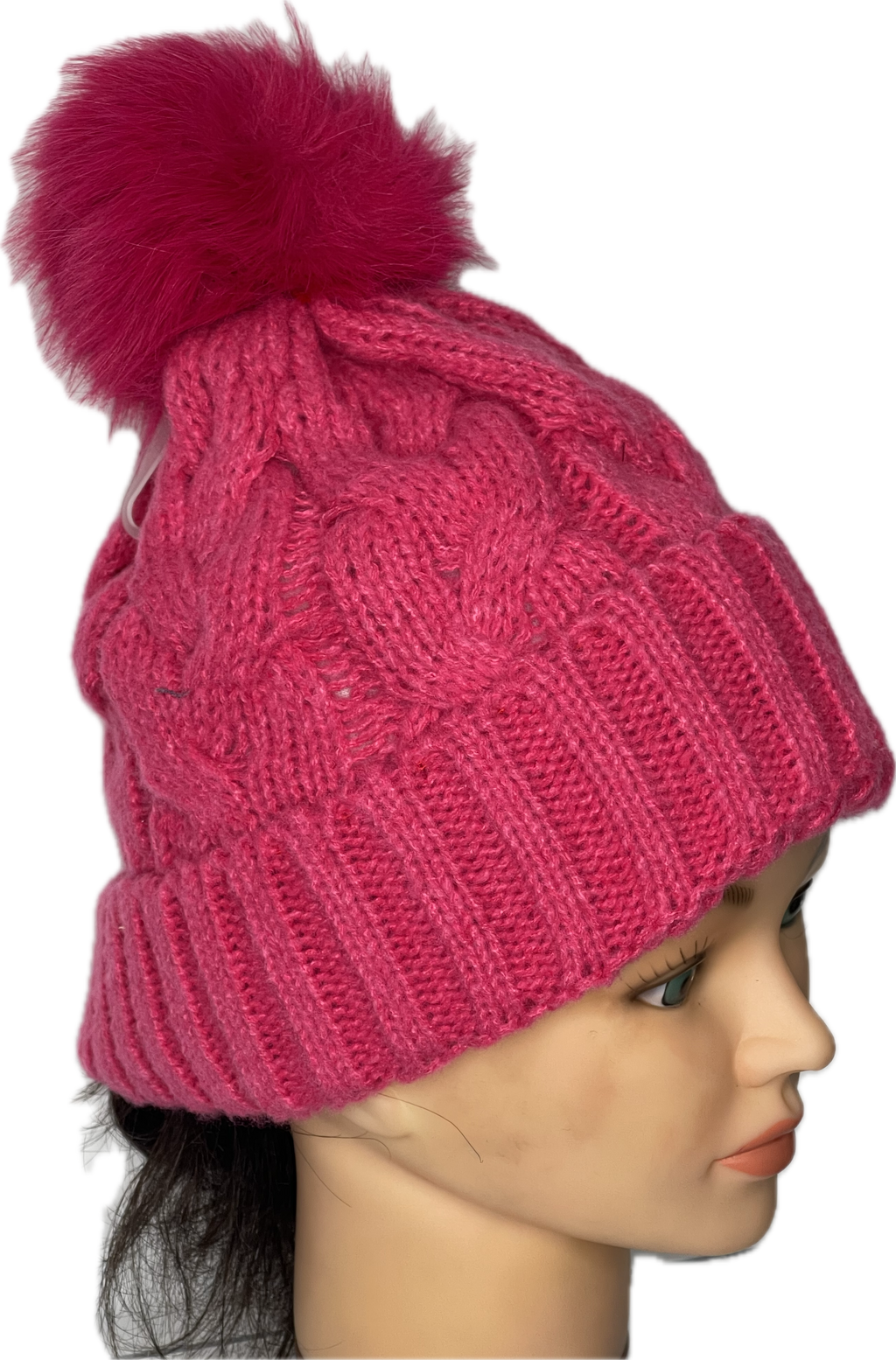 Super soft cable knit pom pom hat in fuchsia