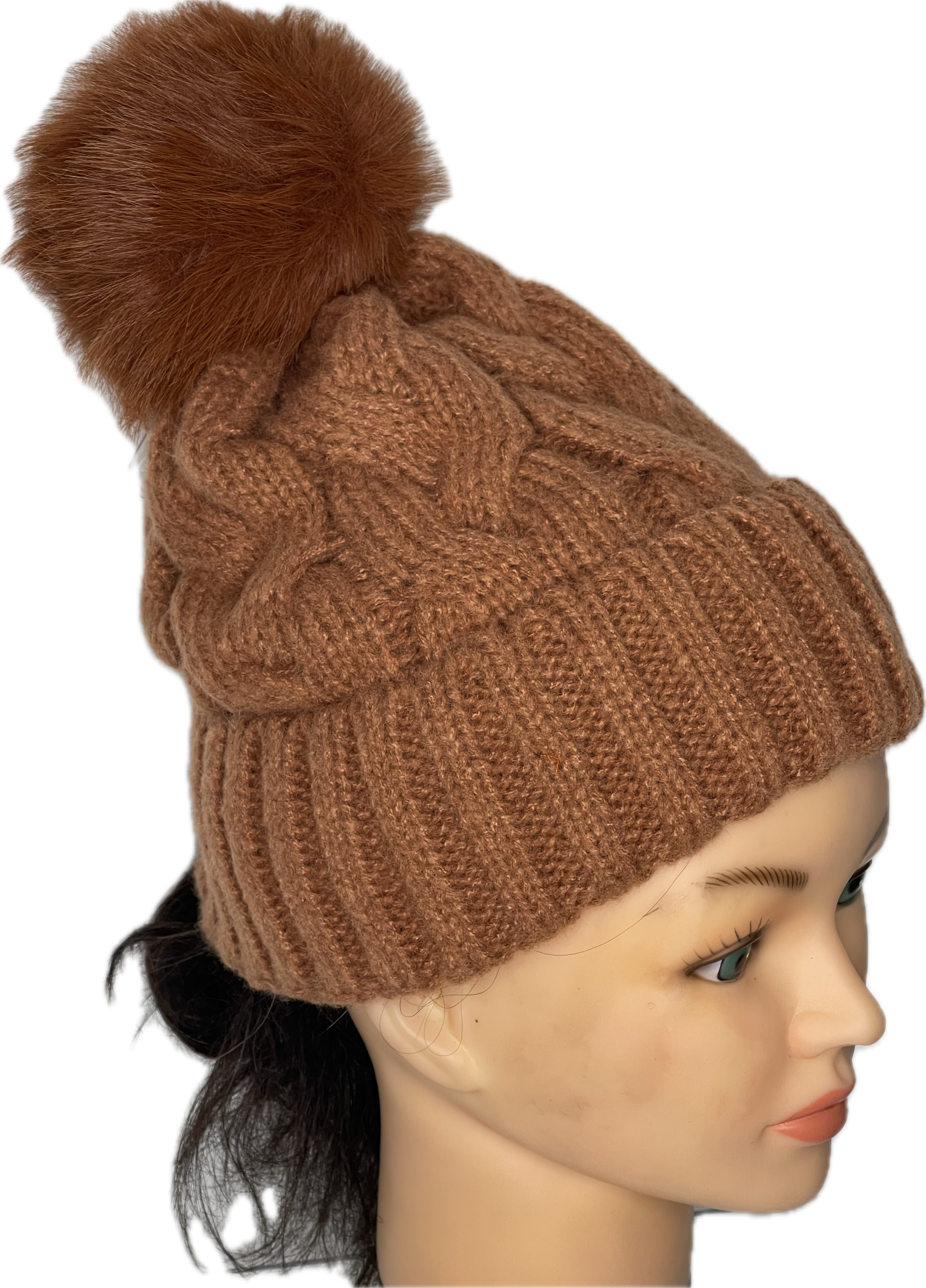Super soft cable knit pom pom hat in tan