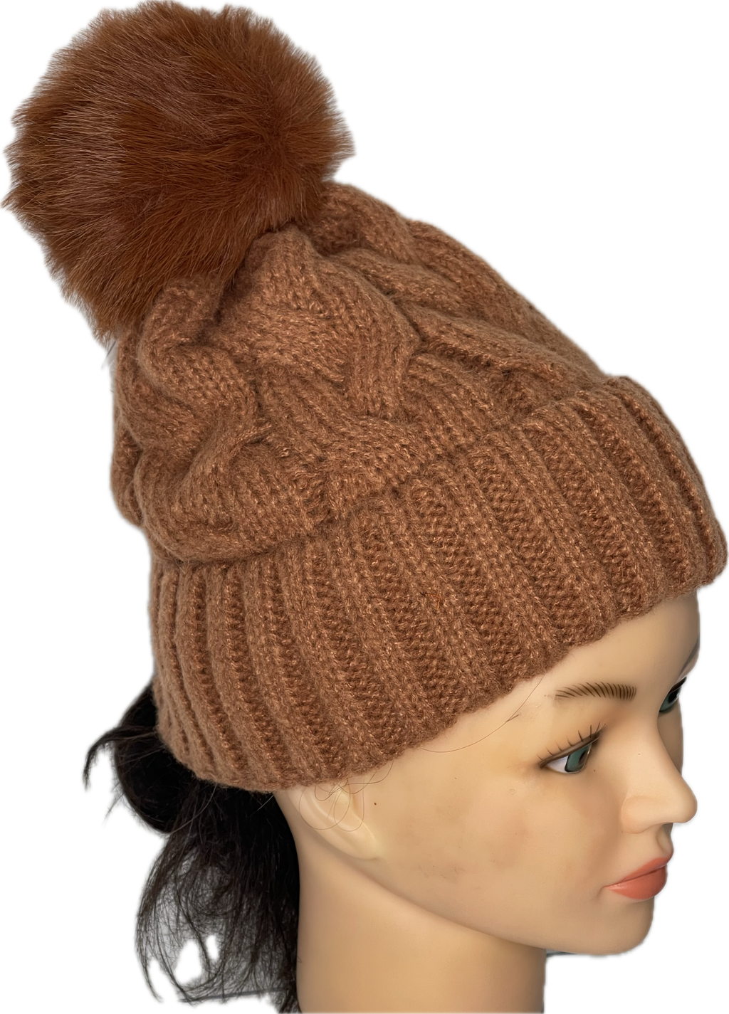 Super soft cable knit pom pom hat in tan