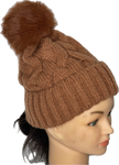 Super soft cable knit pom pom hat in tan