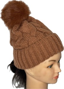 Super soft cable knit pom pom hat in tan