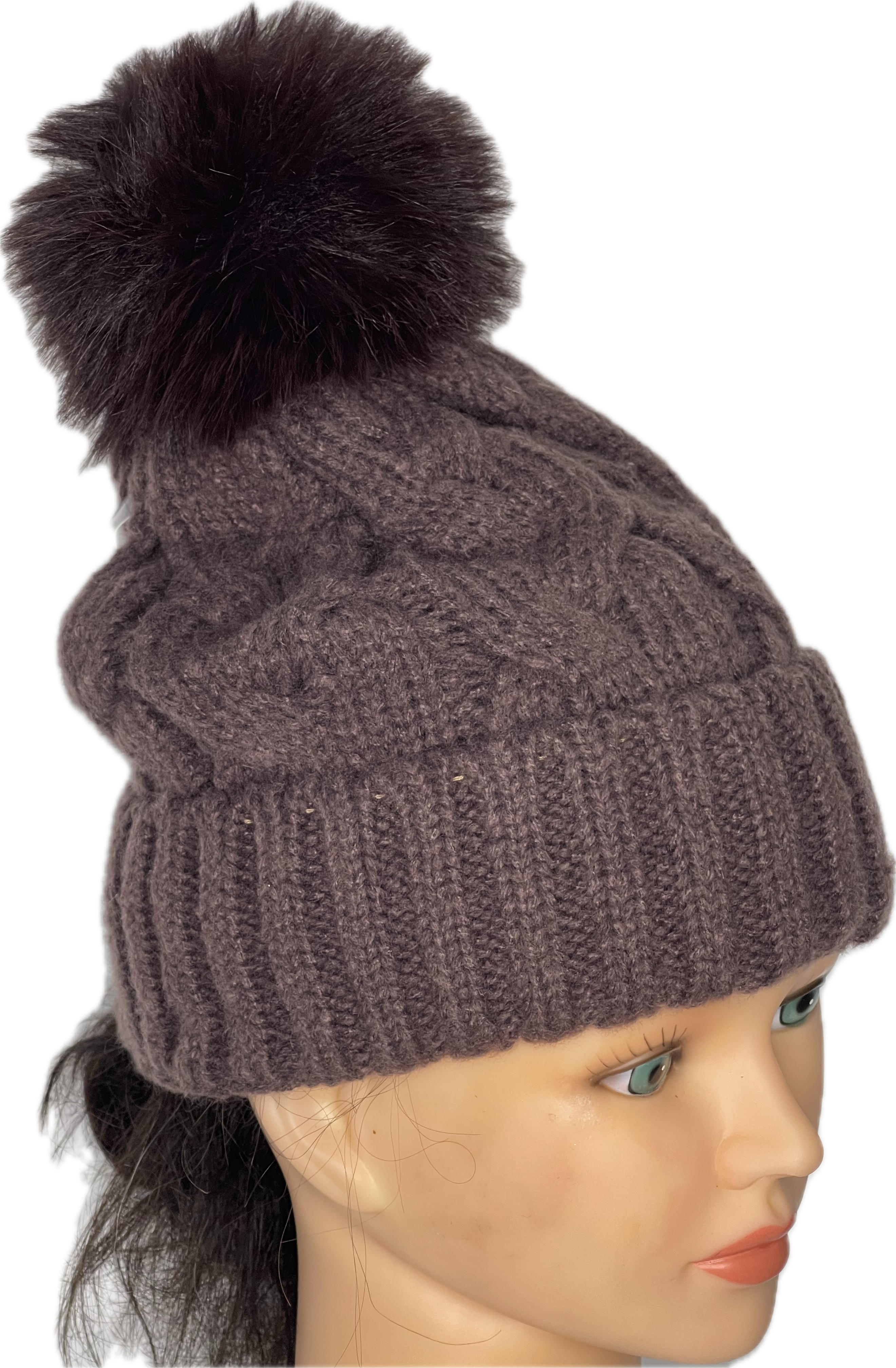 Super soft cable knit pom pom hat in chocolate brown