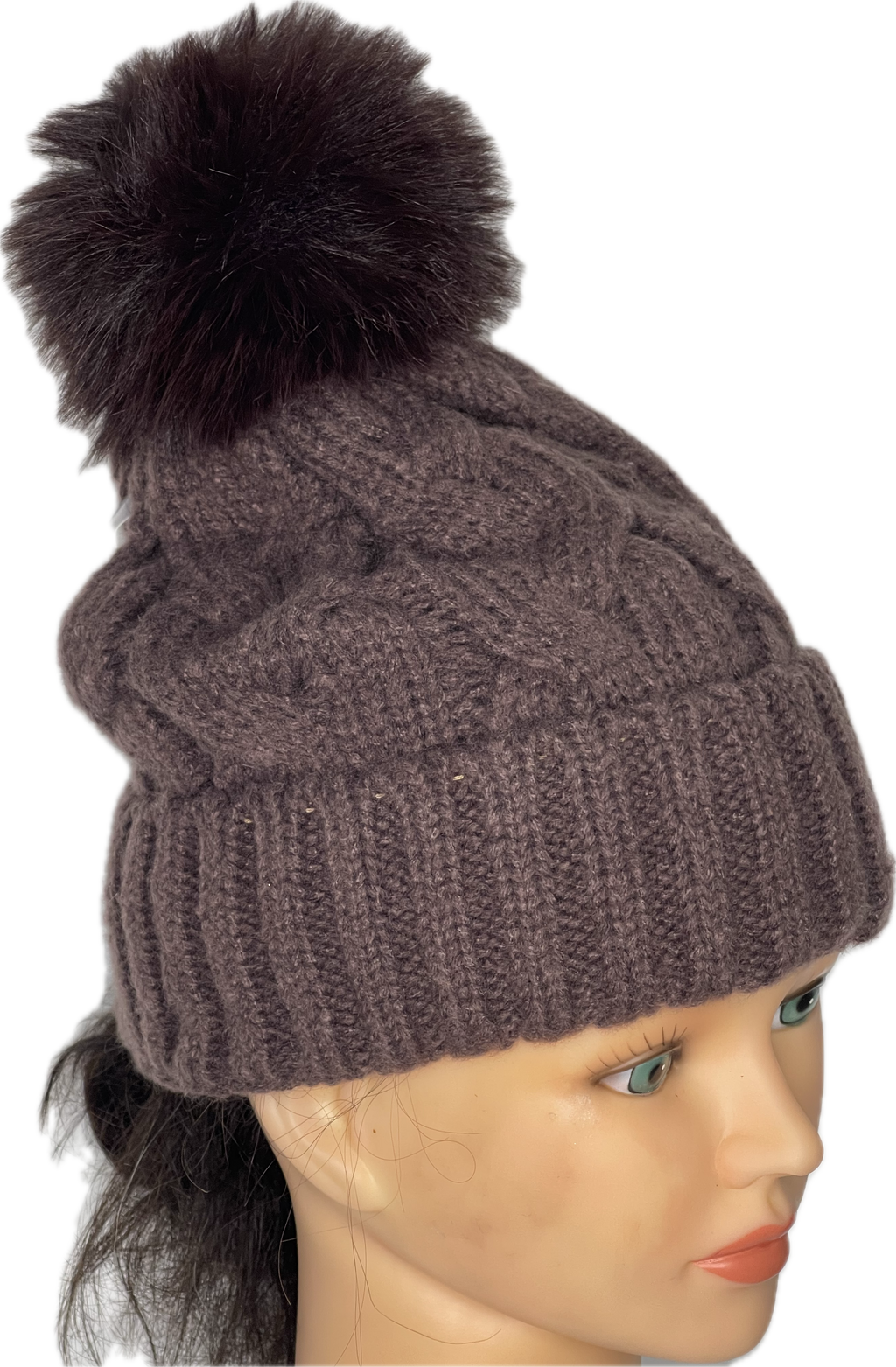 Super soft cable knit pom pom hat in chocolate brown