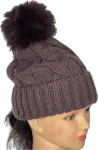 Super soft cable knit pom pom hat in chocolate brown