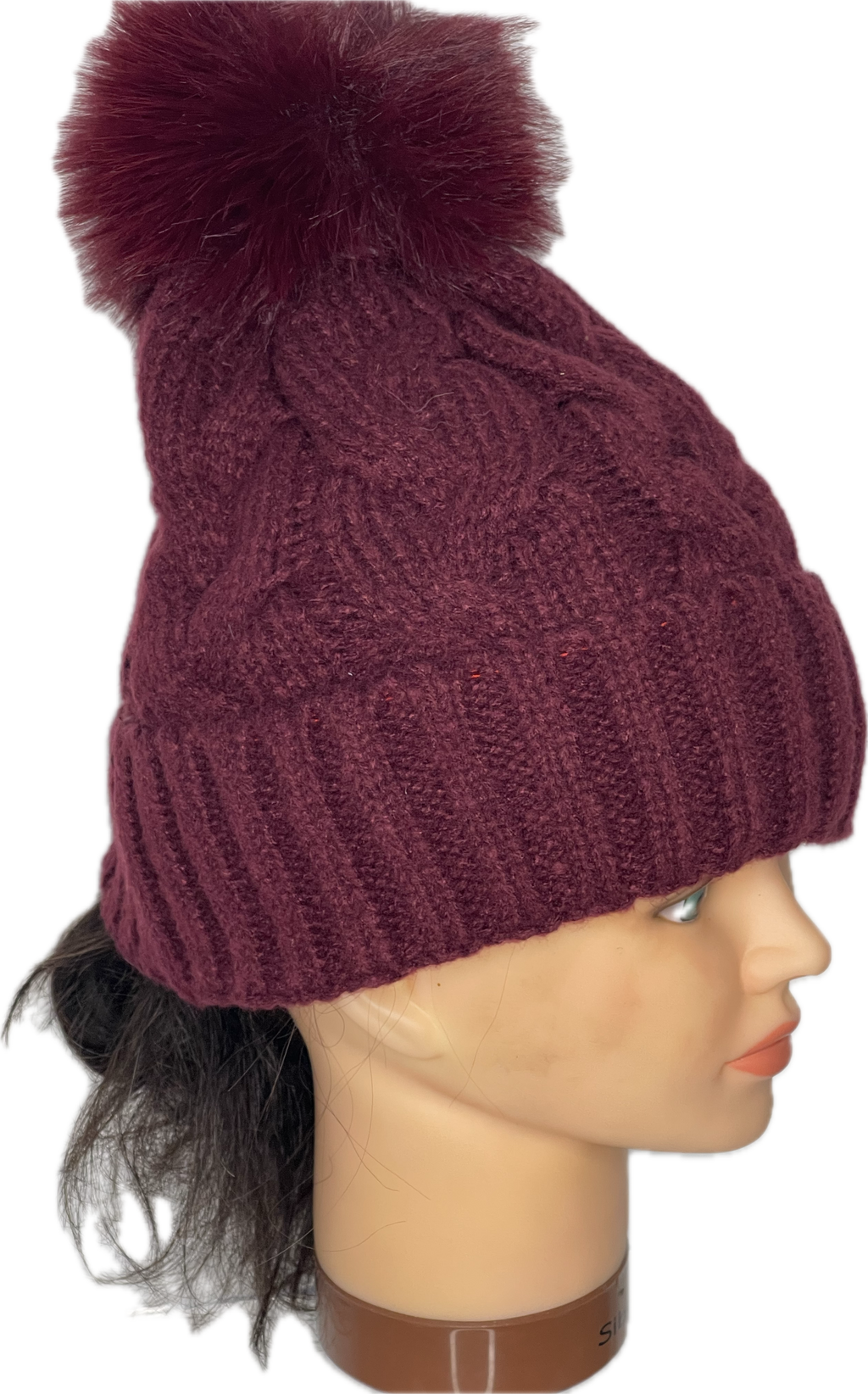 Super soft cable knit pom pom hat in red wine