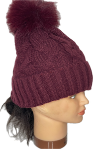 Super soft cable knit pom pom hat in red wine