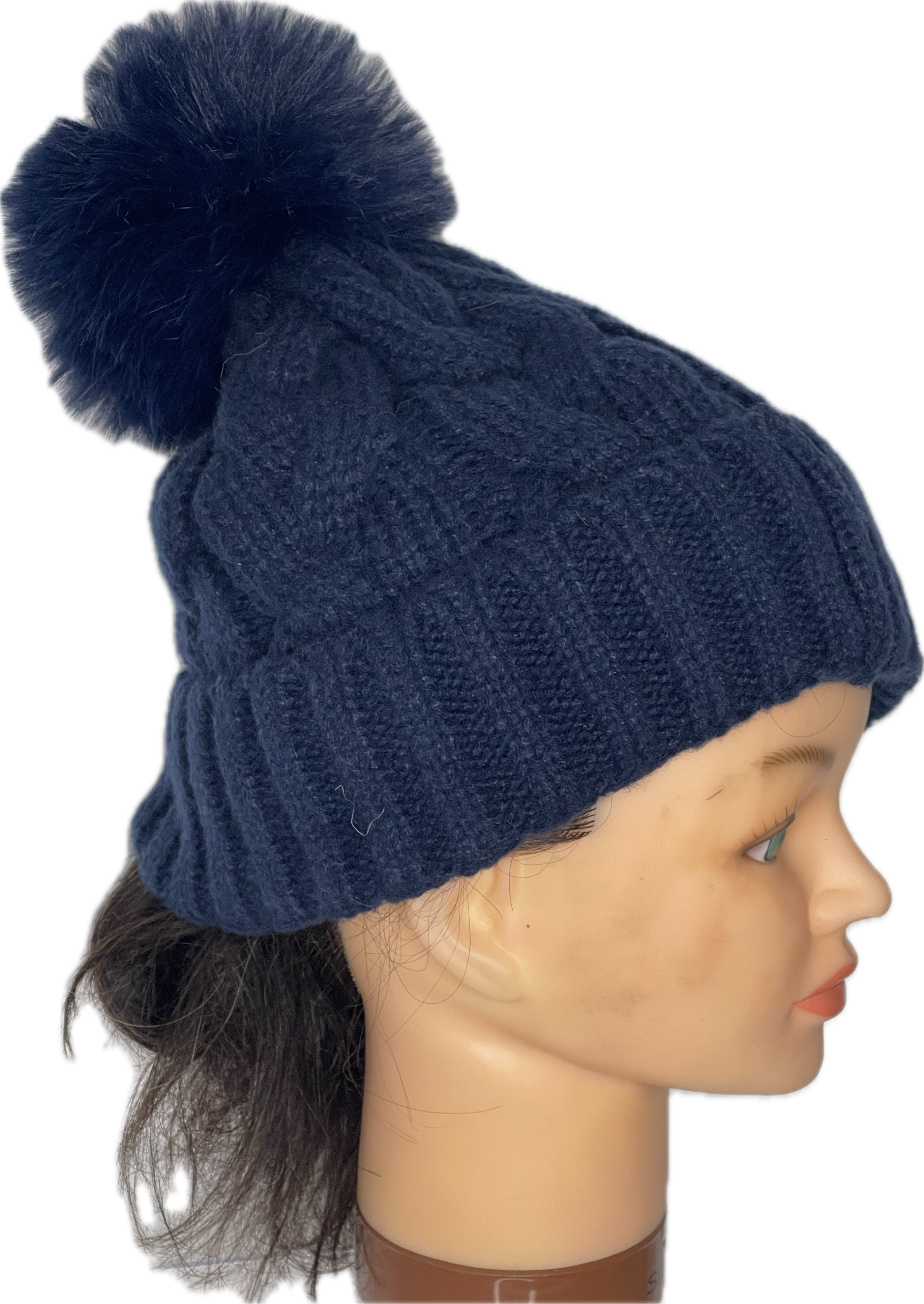 Super soft cable knit pom pom hat in navy