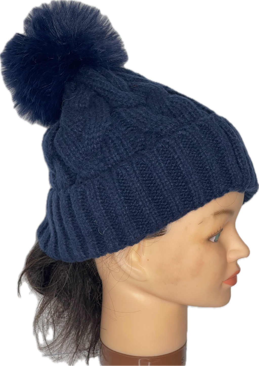 Super soft cable knit pom pom hat in navy