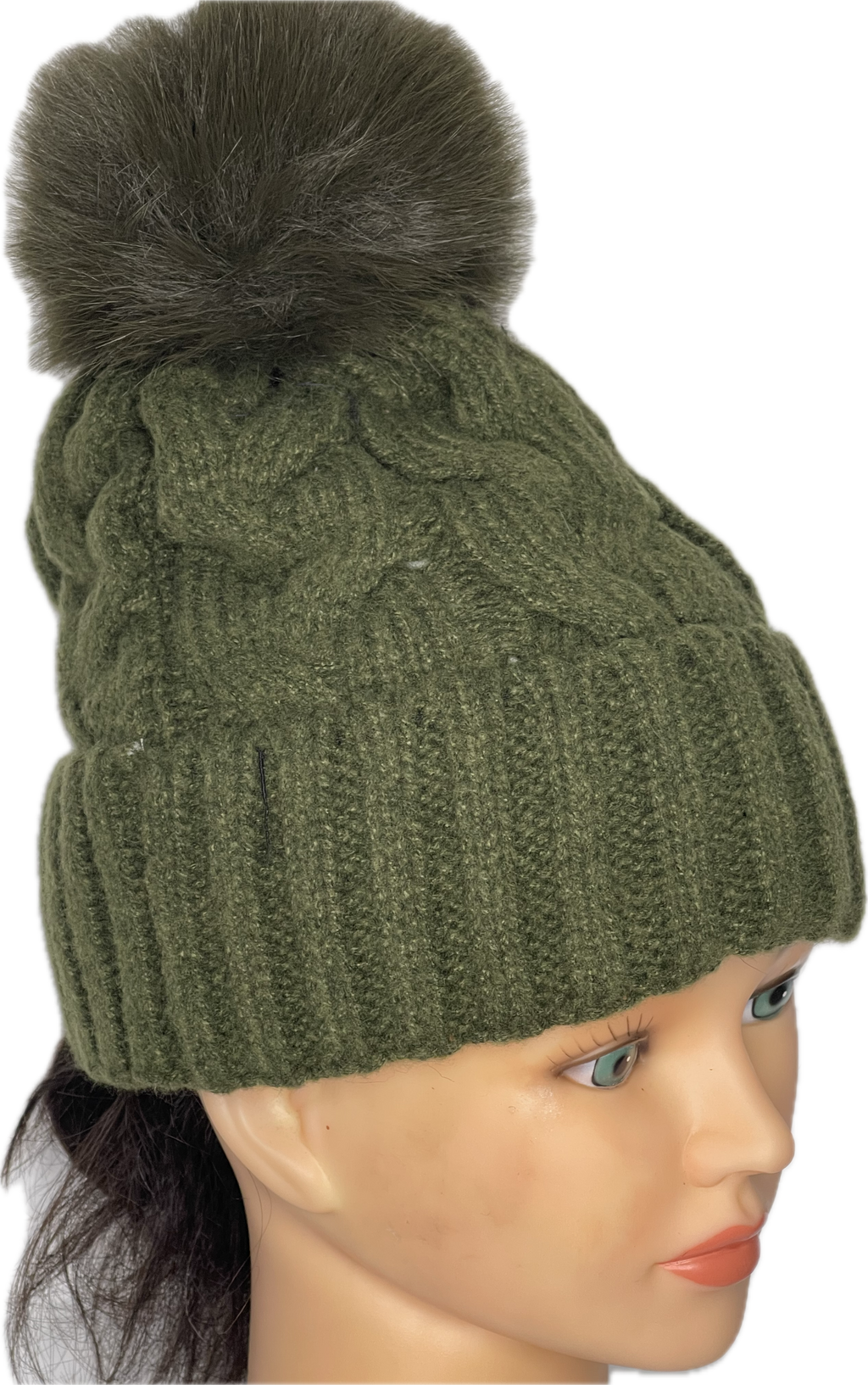 Super soft cable knit pom pom hat in olive green