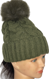 Super soft cable knit pom pom hat in olive green