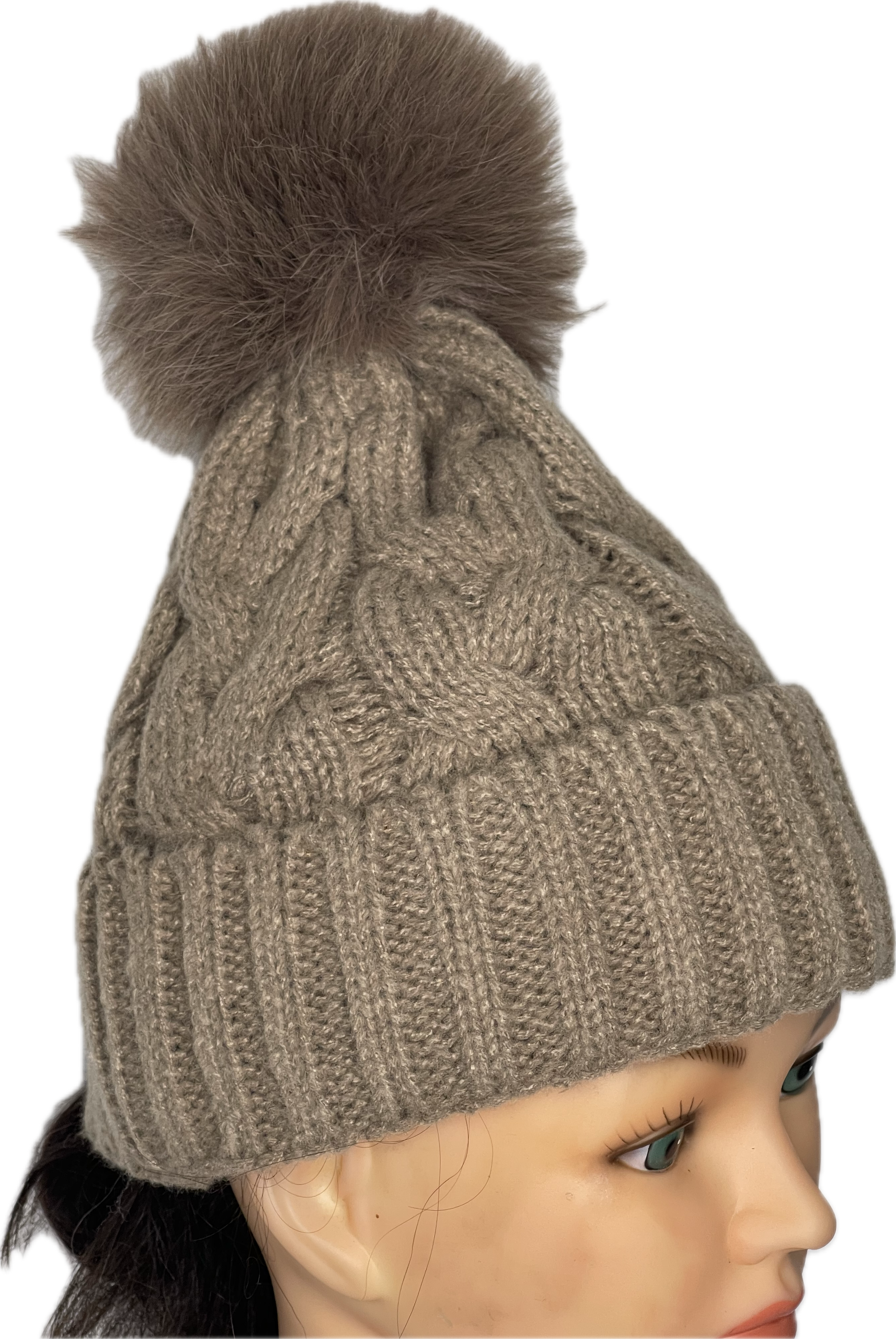 Super soft cable knit pom pom hat in coffee