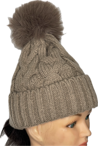 Super soft cable knit pom pom hat in coffee