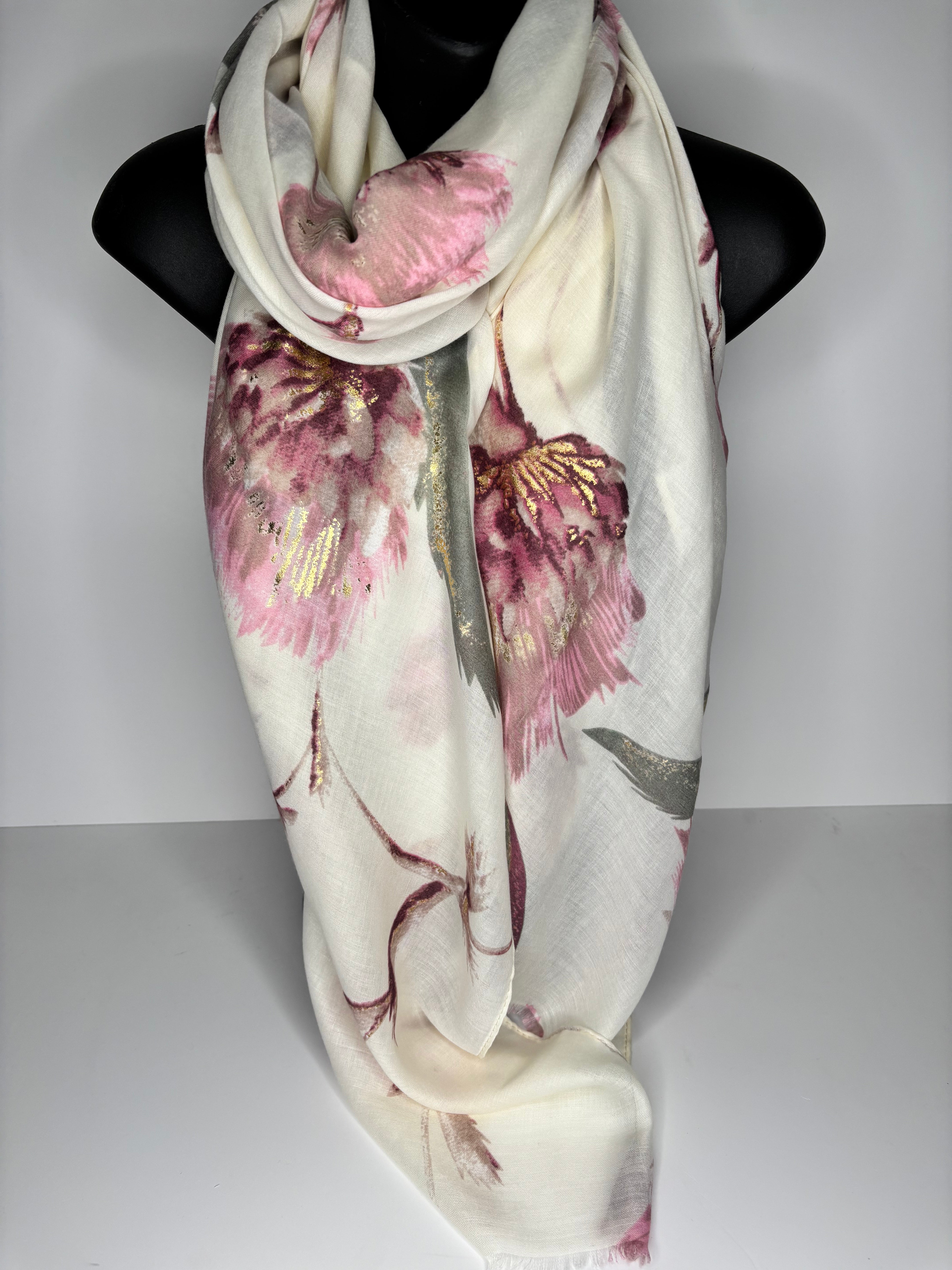 Pink, green and cream thistle floral printed scarf