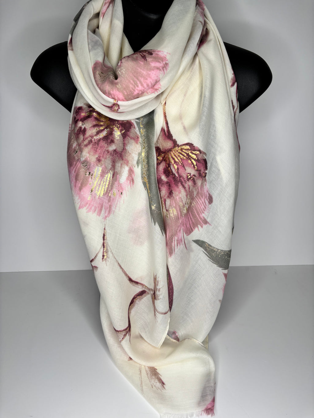 Pink, green and cream thistle floral printed scarf
