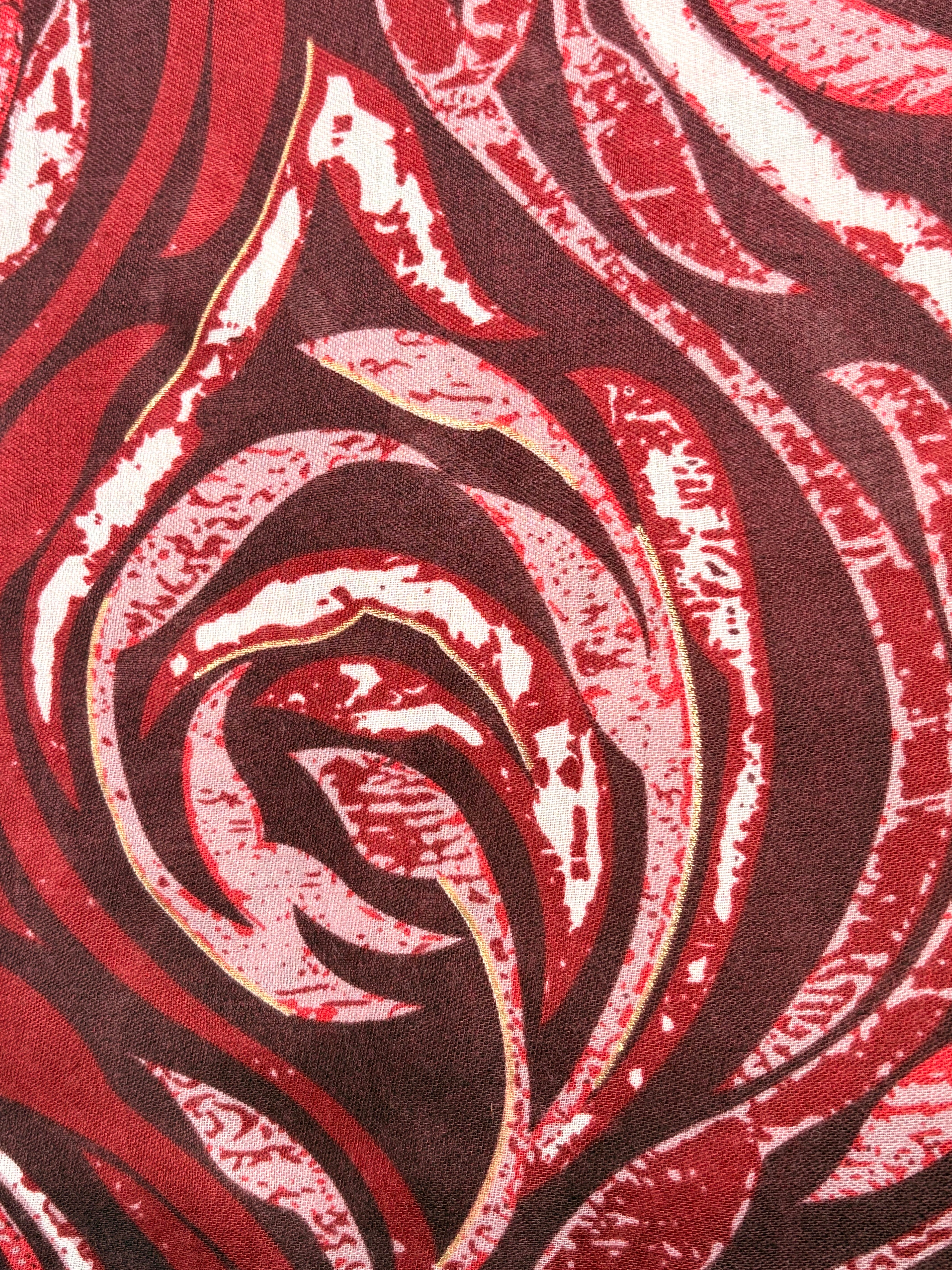 Red wine, pink and white rose print scarf with subtle gold foil detail